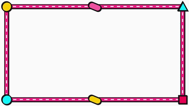 White background animation framed with pink and yellow geometric border, featuring blue triangle and pink rectangle on the right side
