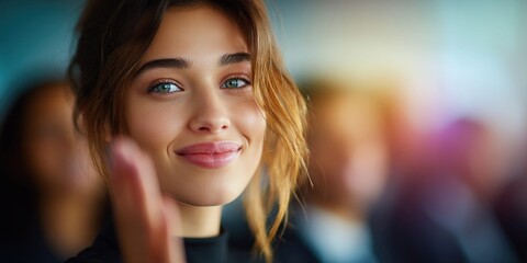 Fototapeta premium Smiling young woman with bright blue eyes looking at the camera in a professional setting