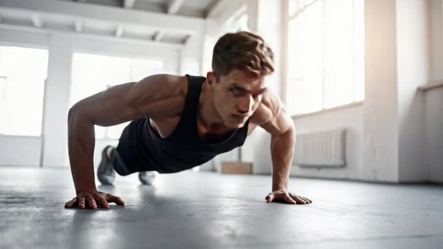 Muscular man performing intense push-ups during a workout session