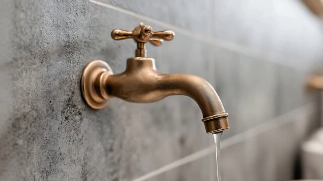 Close Up View of an Antique Brass Faucet with Water Dripping Slowly.