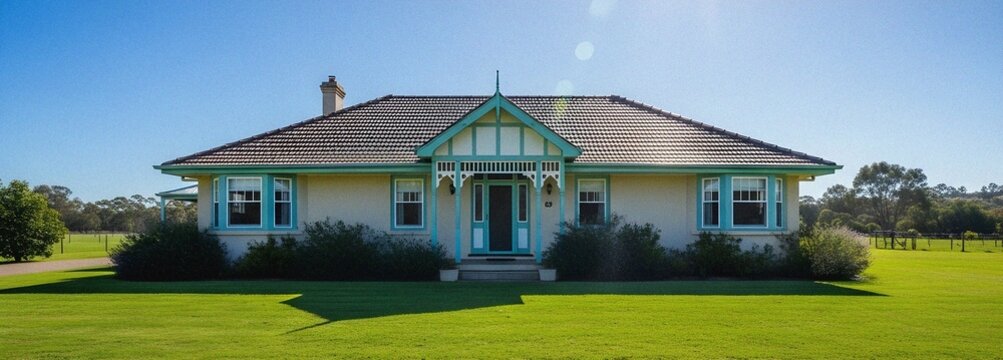 Historic Queenslander House Standing Proud on a Vibrant Green Rural Lawn Under a Brilliant Clear Afternoon Sky