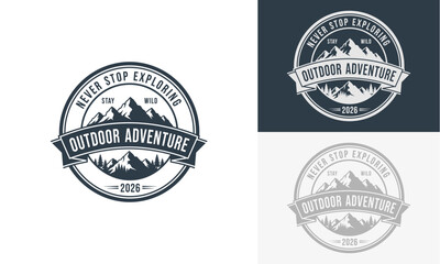 Outdoor Adventure emblems showcasing mountains and exploration in various designs and color schemes on a clean background