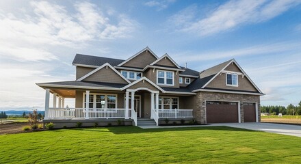 Newly Constructed Craftsman Home Reflecting Modern Family Living Expansive Green Yard Under Clear Blue Sky Radiant Daylight