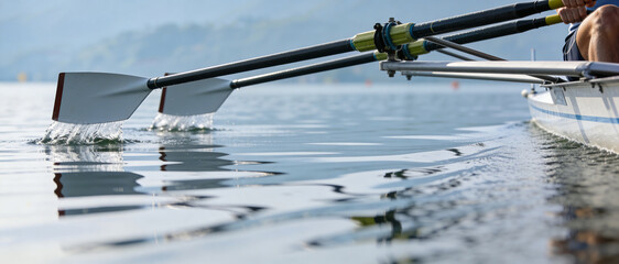 Professional oars in motion above the water surface during a rowing session on a sunny day.