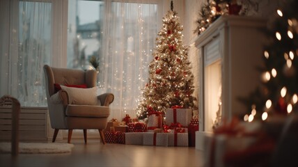Naklejka premium Festive Christmas Living Room with Decorated Tree, Presents, and Cozy Fireplace for Holiday Celebrations