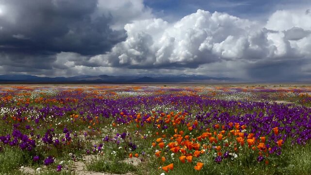 Expansive Prairie Landscape Bursting with Orange and Purple Wildflowers Against Epic Clouds.