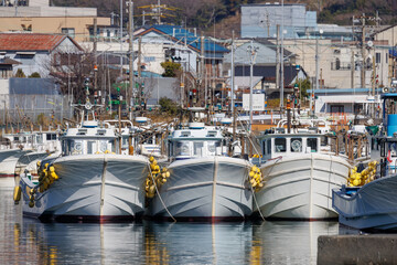 静岡県・由比漁港に密集して係留された白い漁船群