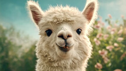 Obraz premium Close-up Portrait of a Fluffy White Alpaca with a Sweet Expression in a Floral Setting