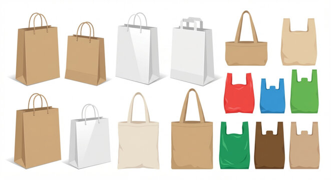Diverse collection of shopping bags varied paper, eco-friendly fabric totes, and colorful plastic carriers for retail, groceries, and eco-conscious consumers