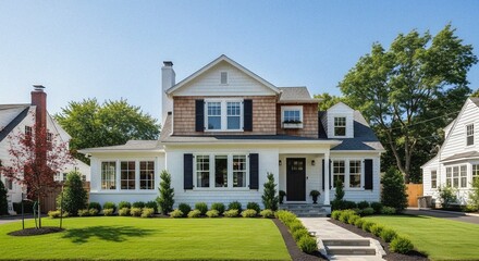Contemporary Colonial Home Showcasing Pristine White Brick Black Shutters and Wood Shingle Accents on a Bright Sunny Day