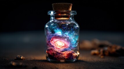 Fototapeta premium Mystical Galaxy in a Glass Jar: Fantasy Concept for Science, Dreams, and Imagination
