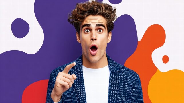 A surprised man with open mouth points, showcasing shock and amazement.