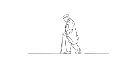 Minimalist continuous line art drawing of an elderly person walking with a cane on a white background © Line Art Gallery