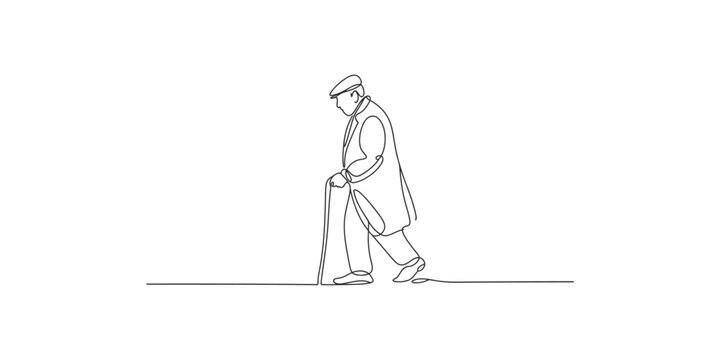 Minimalist continuous line art drawing of an elderly person walking with a cane on a white background