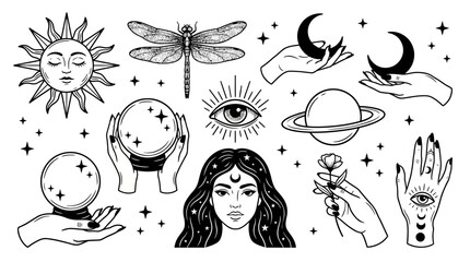 Witchy Mystical Celestial Boho Vector Set: Sun, Moon, Crystal Ball, All-Seeing Eye & Hands Line Art © Elen