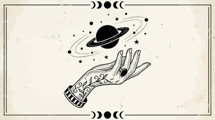 Mystical Hand Holding Saturn Planet with Celestial Orbits & Moon Phases - Vintage Esoteric Astrology Illustration © Elen