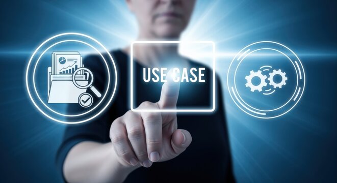 Use case implementation with a man touching a digital screen with icon displays for business efficiency