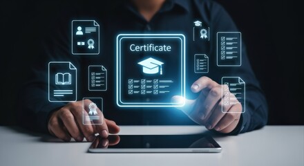 Fototapeta premium Digital Certificate Concept: Man Interacting with Virtual Graduation Diploma on Tablet Display for Online Education