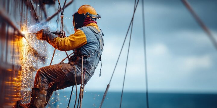 Skilled welder in safety gear performs high-altitude repair work on a structure at sea