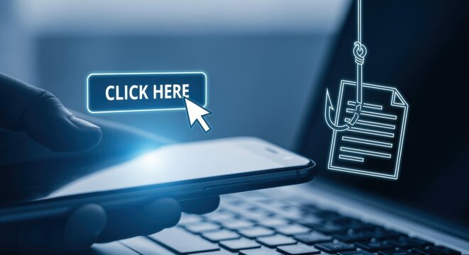 Digital Phishing Scam Illustration: Mobile Device, Hook, and Deceptive Click, Internet Security Concept