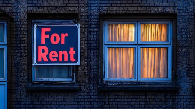 Illuminated For Rent Sign Glows Brightly in Urban Apartment Window at Night.