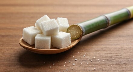Sugar cubes in a wooden spoon, a green bamboo stalk, on a light brown wooden table
