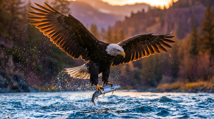 Majestic Bald Eagle Hunts at Golden Hour
