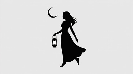 Vector silhouette of woman with lantern under crescent moon