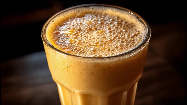 Close Up View of a Delicious Golden Orange Frothy Beverage in a Glass.