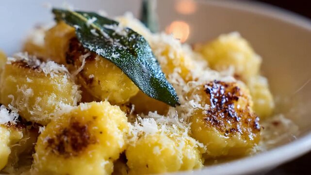 Close up of delicious homemade gnocchi pasta dish with parmesan cheese and fresh sage.