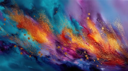 Fototapeta premium Vibrant abstract painting featuring a dynamic blend of colors and textures with gold accents that