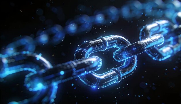Futuristic technology blockchain chain link cyber security connection data network digital glow seamless loop background abstract blue neon system internet crypto finance database encryption
