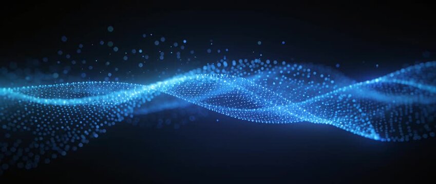 Blue particle wave seamless loop background technology design, glowing data flow line futuristic abstract motion, elegant digital energy pattern for modern innovation concept art and data