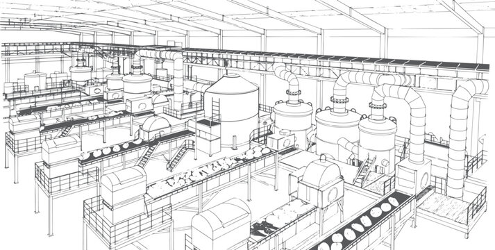 Food Manufacturing Plant Interior with Conveyor Belt System &ndash; Industrial Factory Production Line Vector Sketch, Food Processing Facility Equipment Line Art Drawing for Manufacturing Industry