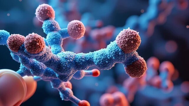Molecular structure close up with blue and red textured spheres and atoms held by fingers organic chemistry biology science
