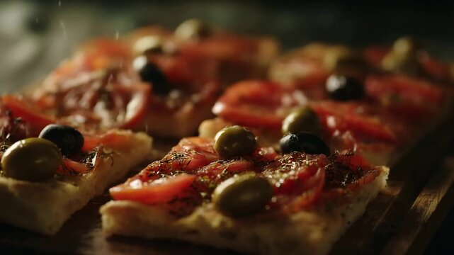 Appetizing Italian flatbread slices with fresh tomatoes, green olives, and herbs getting seasoned.