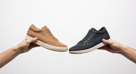 Two hands hold a pair of tan and navy suede sneakers