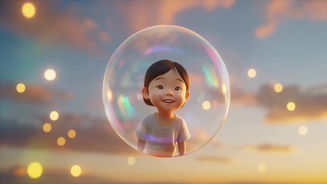 3D cinematic animation of a happy little girl inside a large transparent soap bubble floatin