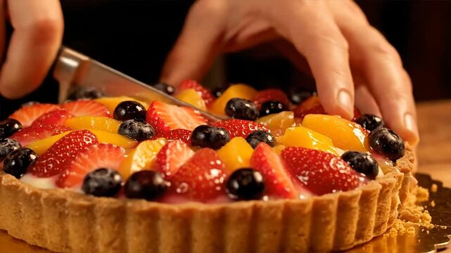 Slicing a fresh fruit tart with strawberries and blueberries