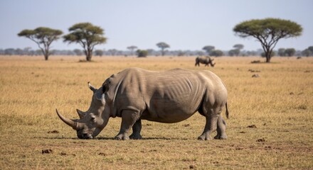 White rhinoceros grazing in savanna