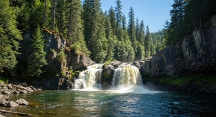 Waterfall cascading into a tranquil pool, nestled within a lush forest