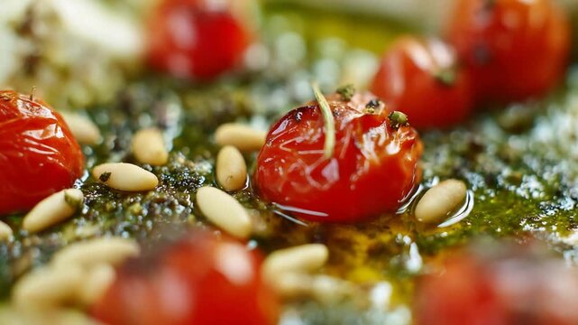 Close Up of Delicious Roasted Cherry Tomatoes, Fresh Green Pesto, and Golden Pine Nuts.