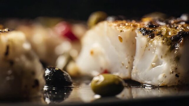 Sizzling Gourmet White Fish Fillets with Olives and Herbs, Ready to Serve.
