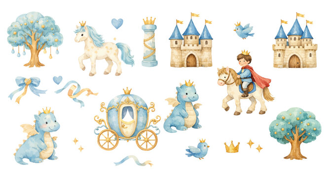 A charming watercolor collection of royal fairy tale elements, featuring a crowned unicorn, storybook castles, a little prince on horseback, baby dragons, magical trees, and golden crowns.