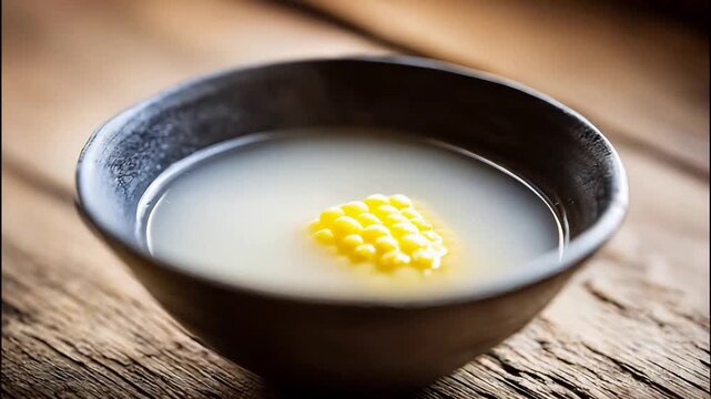 Fresh yellow corn kernels in a soothing milky broth served on a rustic wooden table.