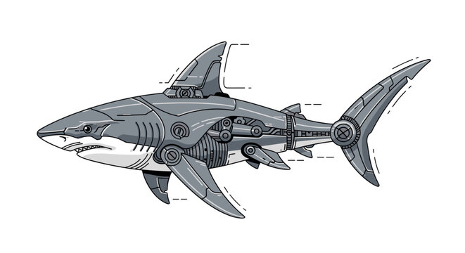 Mechanical Shark Robot Illustration Side View.