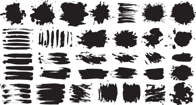 Brush paint backgrounds. Bold black ink glitch stroke shapes. Highly detailed abstract vector grungy brush strokes, scribbled text frames. Noise-damaged textures.