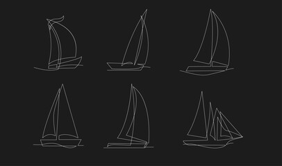 Set of Minimalist One-Line Drawing Sailboats on Dark Background for Nautical and Sailing Concepts