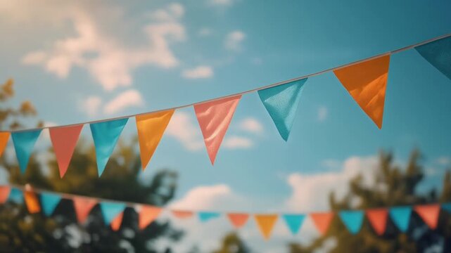 Colorful triangular bunting flags hanging on a string against a blue sky.