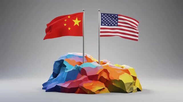 "China and United States flags on poles above colorful geometric abstract base with gray gradient background."